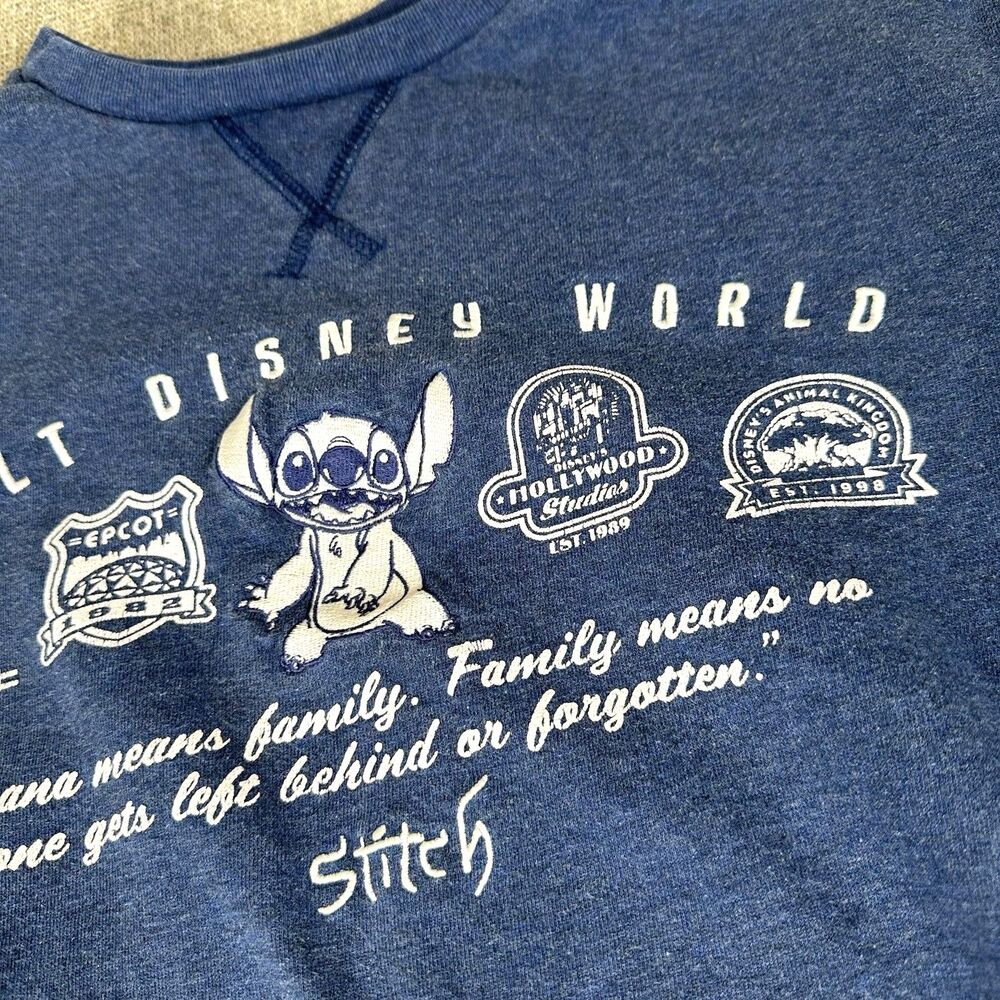 Walt Disney World Parks Stitch Sweatshirt Blue Ohana Crewneck Pullover Pockets M